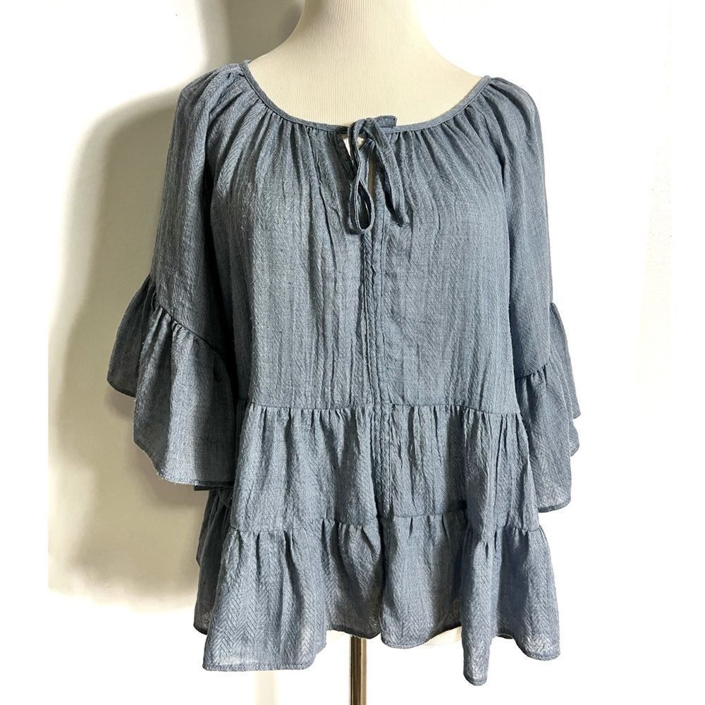 MUSTARD SEED Blue Chambray Ruffle Frills Tiered Dolman Bell Sleeve Blouse Top